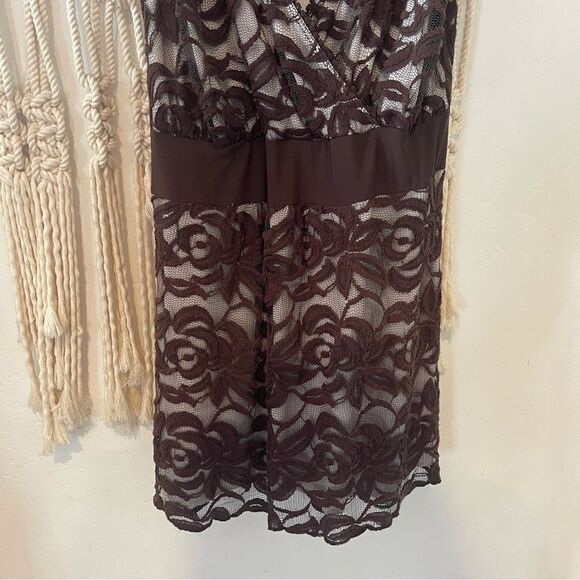 Y2K Brown Floral Lace Babydoll Top Size L Whimsigoth Fairy Y2K Deep V Tunic - Picture 5 of 7